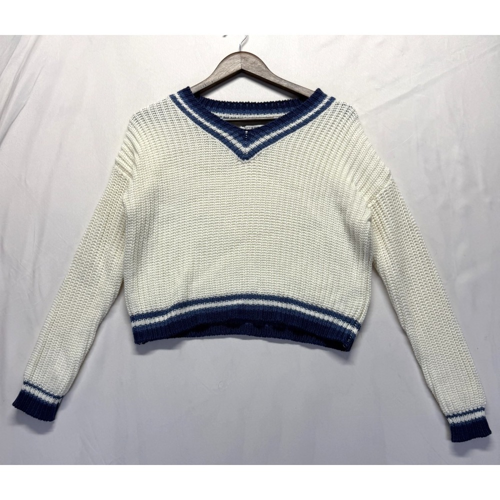 Cotton Emporium Cropped Sweater Womens Medium White Blue Ribbed Knitted V Neck